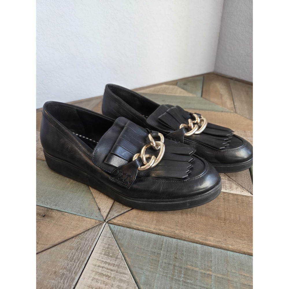Antonio Melani Black Leather Kiltie Loafers With Chain Fringe Academia Flat 8.5‎